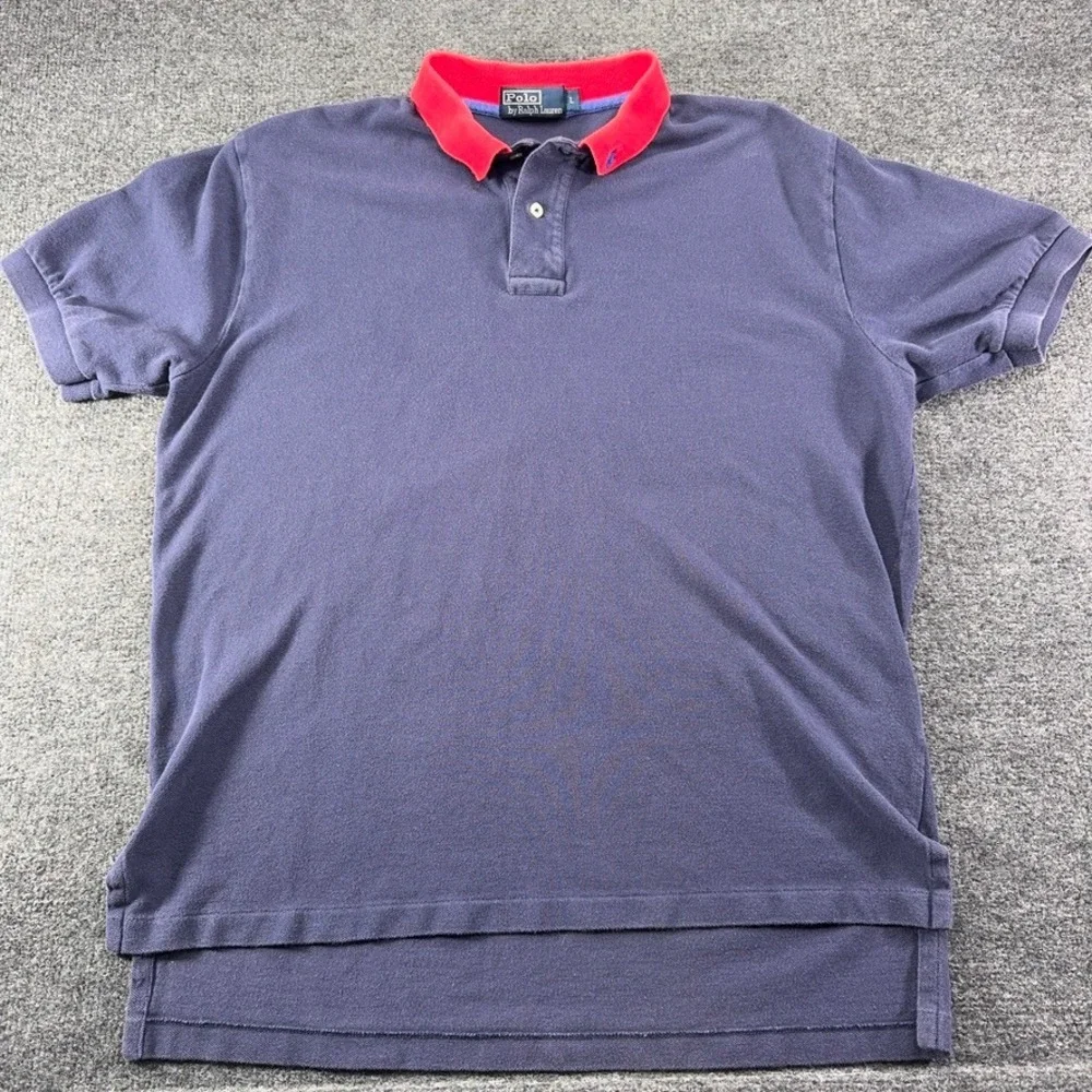 Polo Ralph Lauren Mens Navy Blue Polo Shirt Red Collar Vintage Pony Logo Large